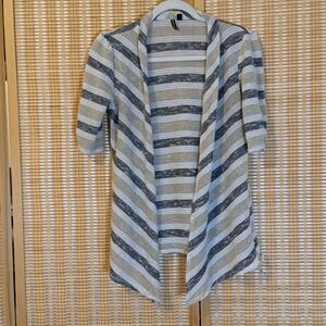 HeartSoul Womens Large Striped Open Front Cardigan Grey Beige Short Sleeve‎ Knit
